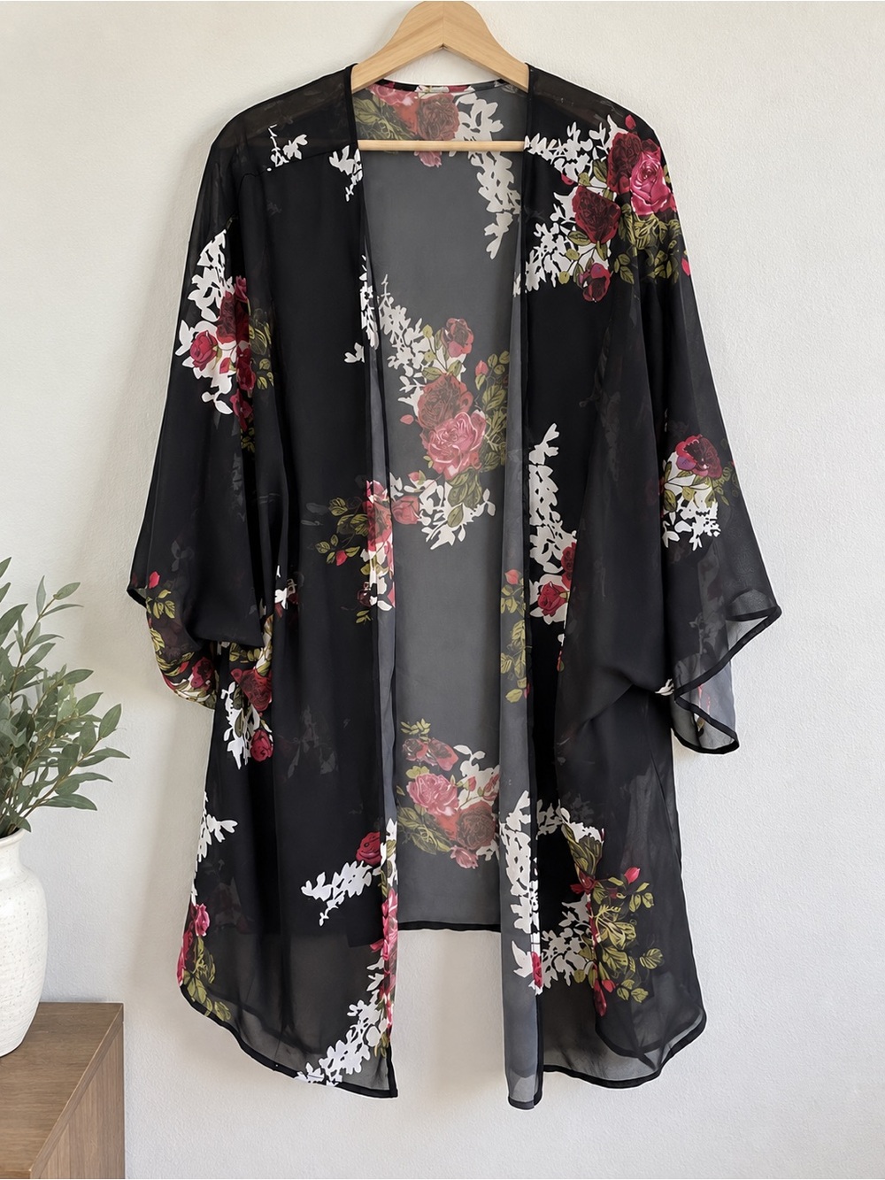 Black Floral Sheer Kimono Shrug - Lightweight Open-Front